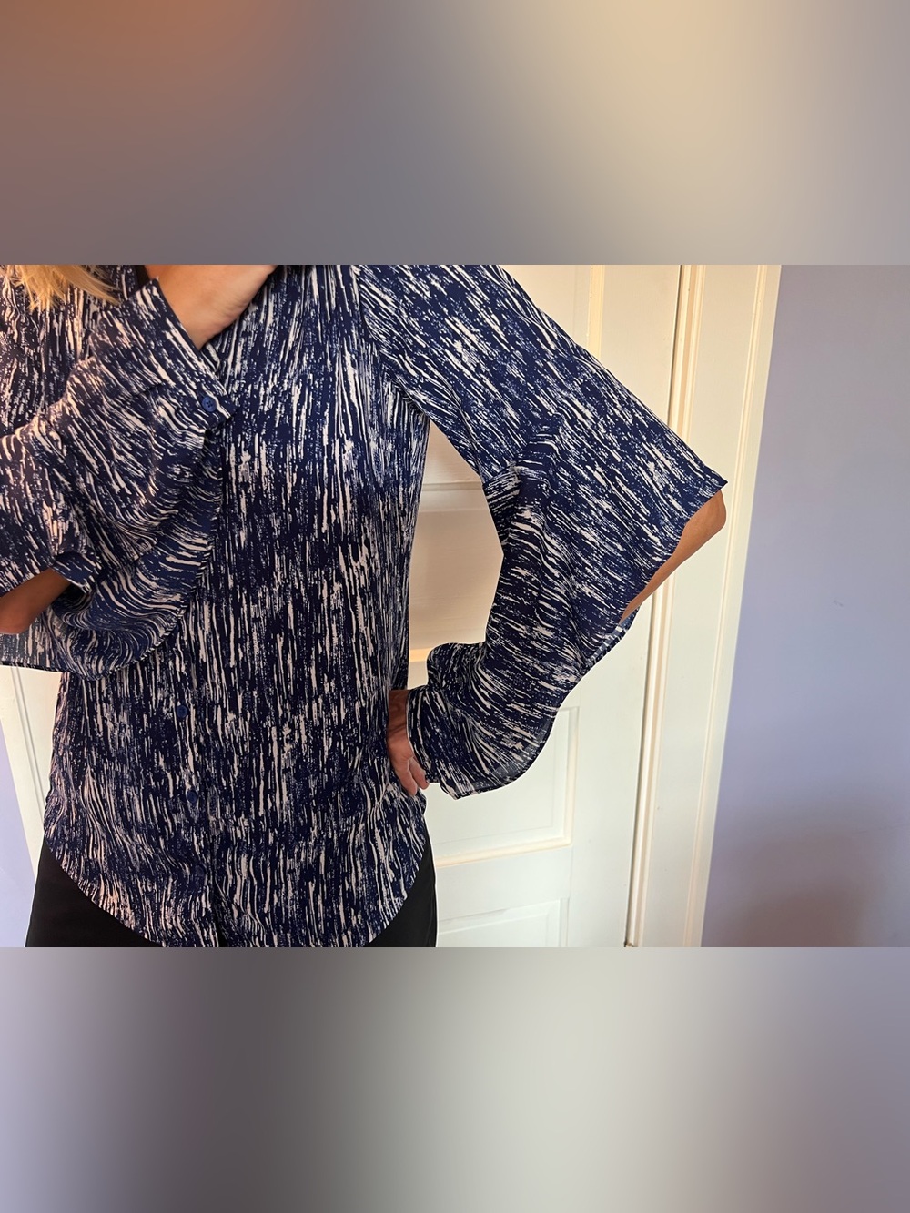 Express Ink Blue and White Long Sleeve Printed blouse with sleeve detail. M.